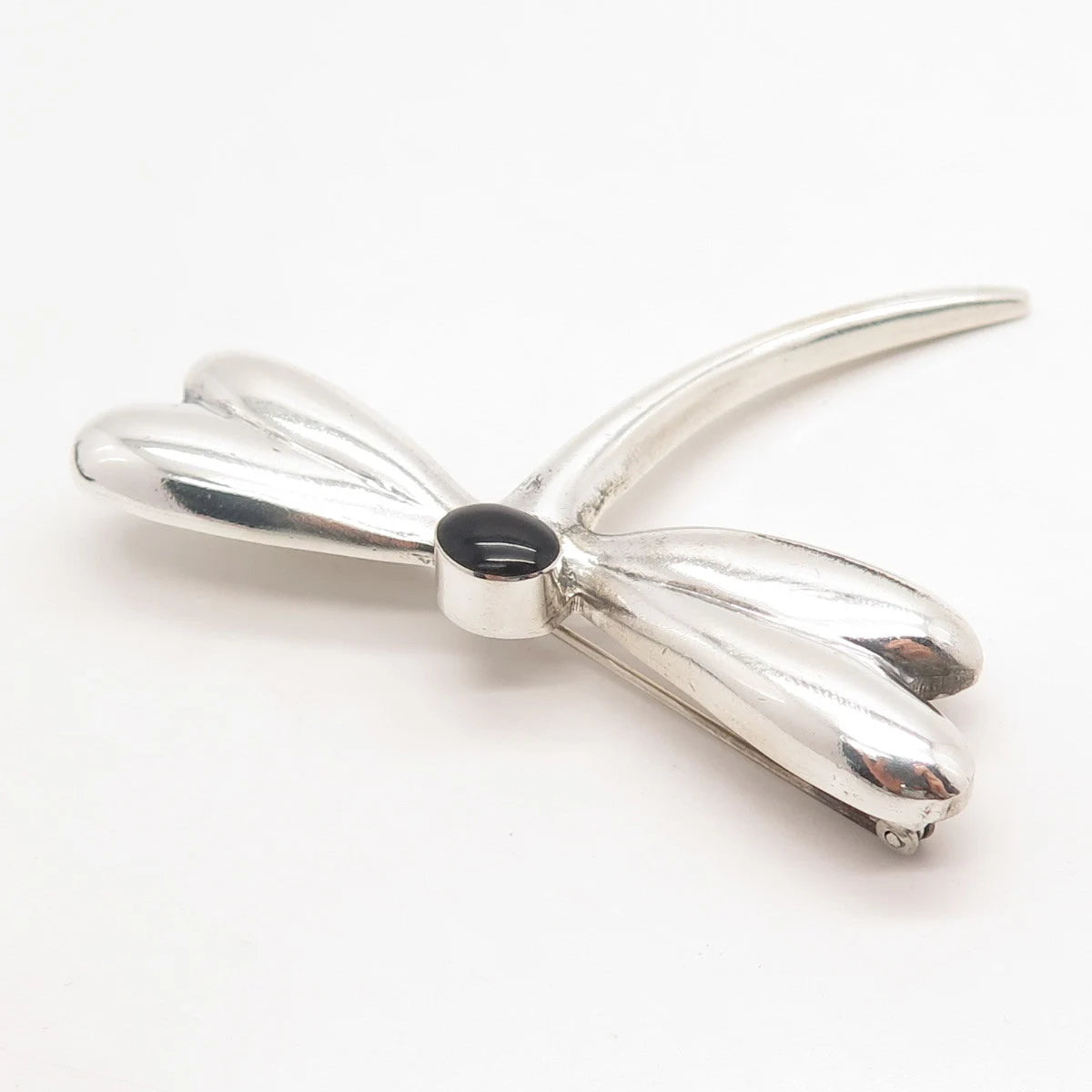 925 Sterling Silver Vintage Real Black Onyx Gemstone Butterfly Pin Brooch