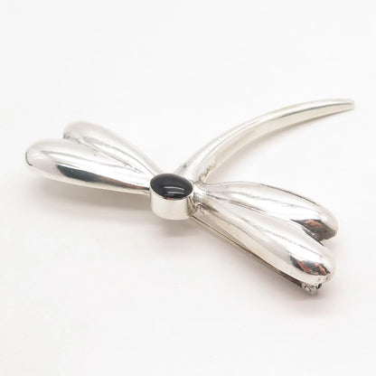 925 Sterling Silver Vintage Real Black Onyx Gemstone Butterfly Pin Brooch