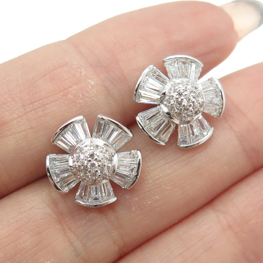 925 Sterling Silver Pave C Z Floral Stud Earrings