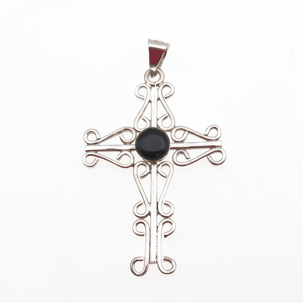 925 Sterling Silver Vintage Mexico Real Black Onyx Ornate Cross Pendant