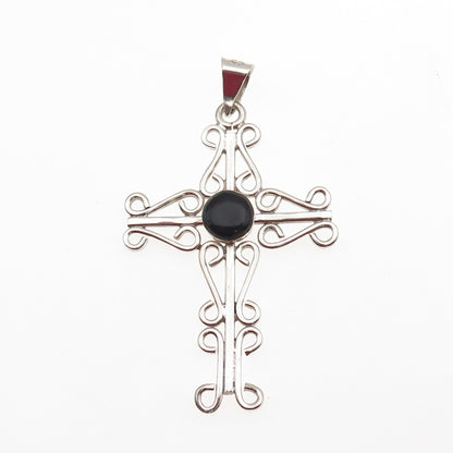 925 Sterling Silver Vintage Mexico Real Black Onyx Ornate Cross Pendant