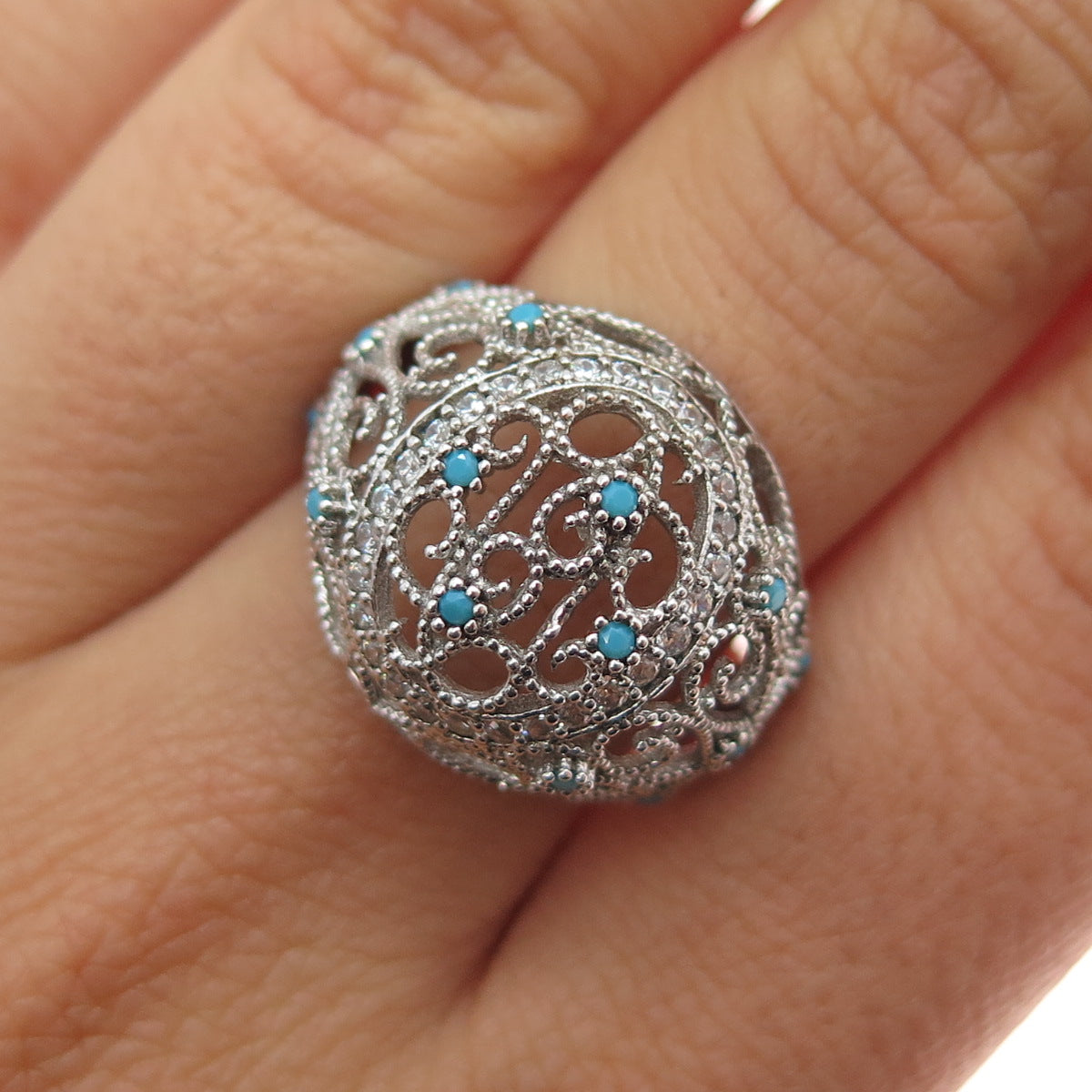925 Sterling Silver Vintage Real Turquoise Filigree Dome Ring Size 7.75