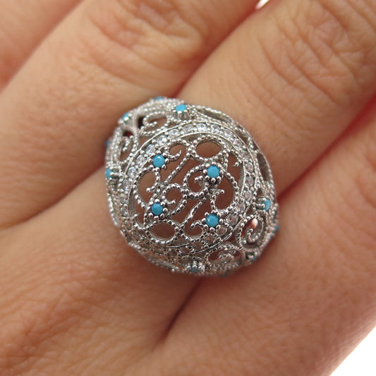 925 Sterling Silver Vintage Real Turquoise Filigree Dome Ring Size 7.75