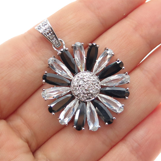 925 Sterling Silver Black & White C Z Daisy Flower Charm Pendant