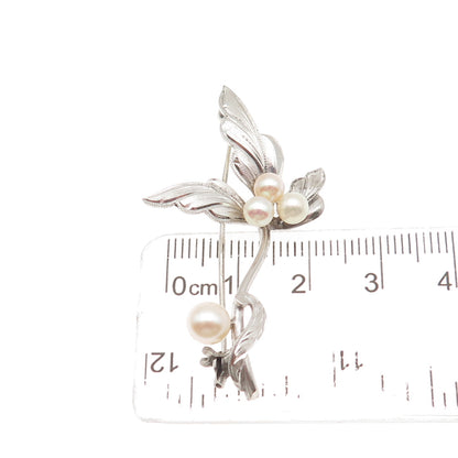 925 Sterling Silver Antique Japan Real Akoya Pearl Floral Pin Brooch
