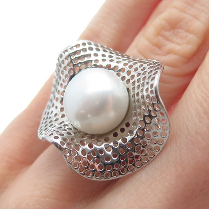 HONORA 925 Sterling Silver Real Pearl Flower Cutout Domed Ring Size 5.25