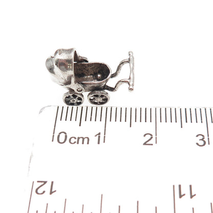 925 Sterling Silver Vintage Baby Stroller Oxidized Movable 3D Mini Charm Pendant