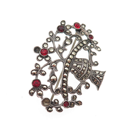 830S Silver Antique Germany Marcasite & Rhinestone Pin Brooch (missing 2 stones)