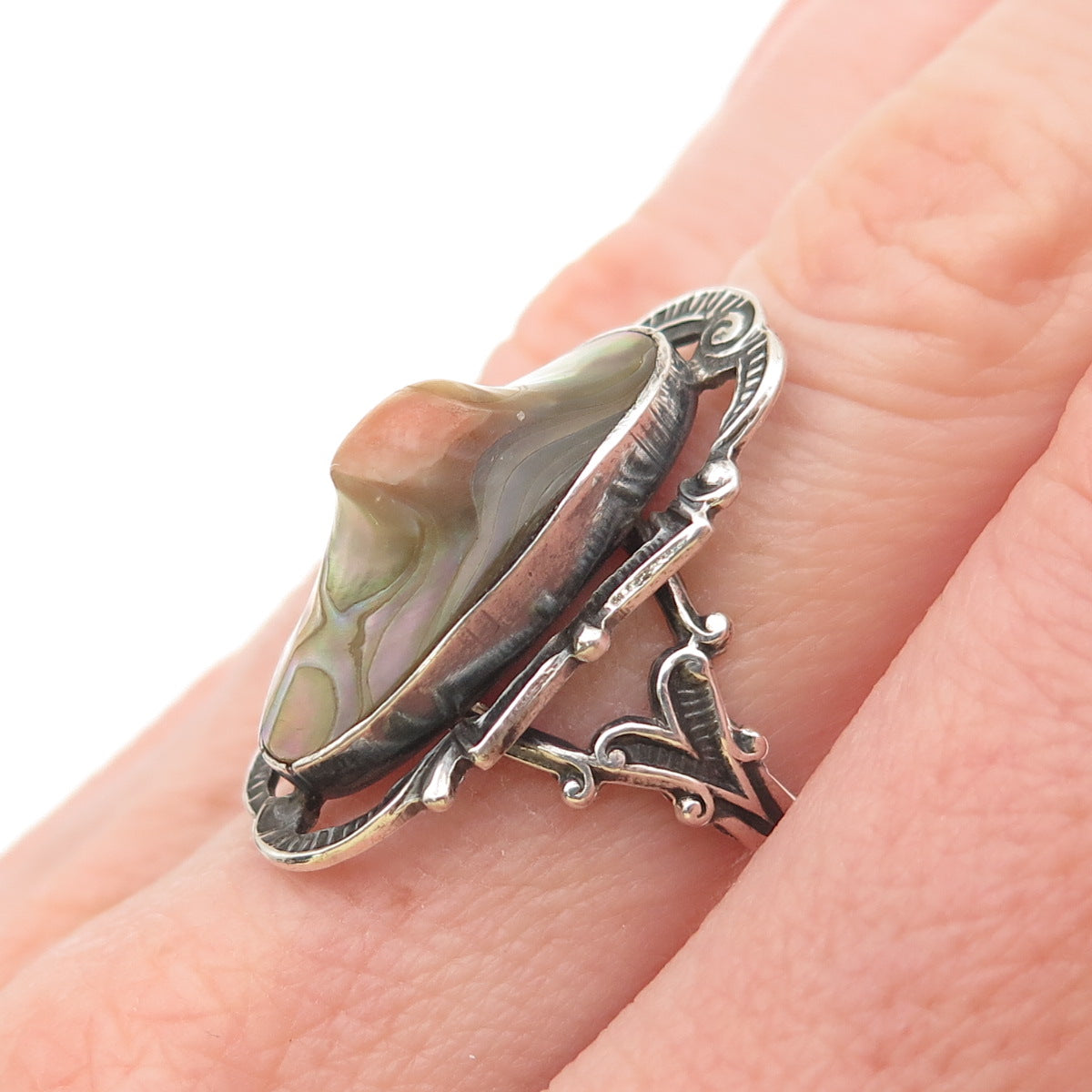 925 Sterling Silver Antique Art Deco Real Blister Pearl Oxidized Ring Size 6.75