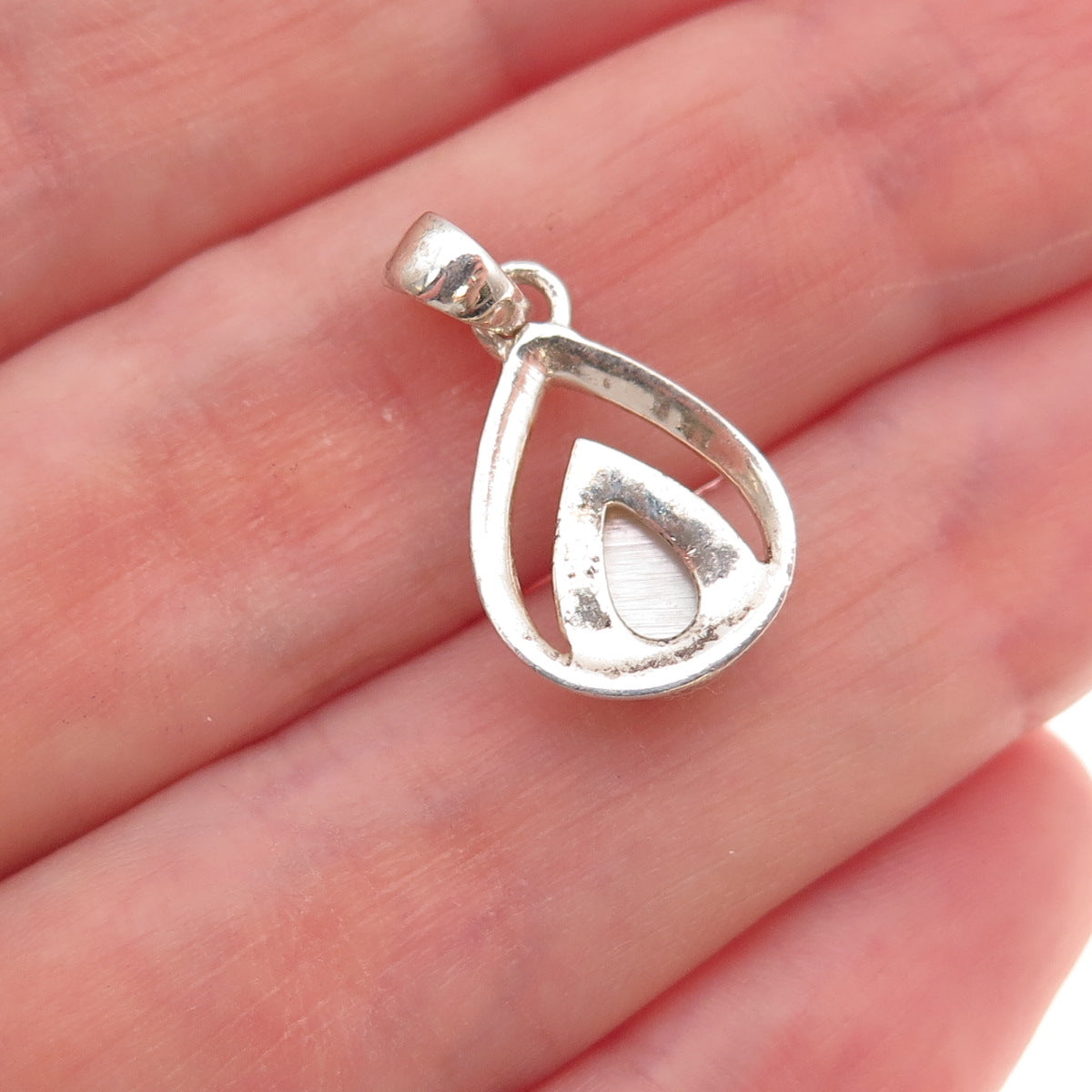 925 Sterling Silver Vintage Real MOP Teardrop Oxidized Charm Pendant