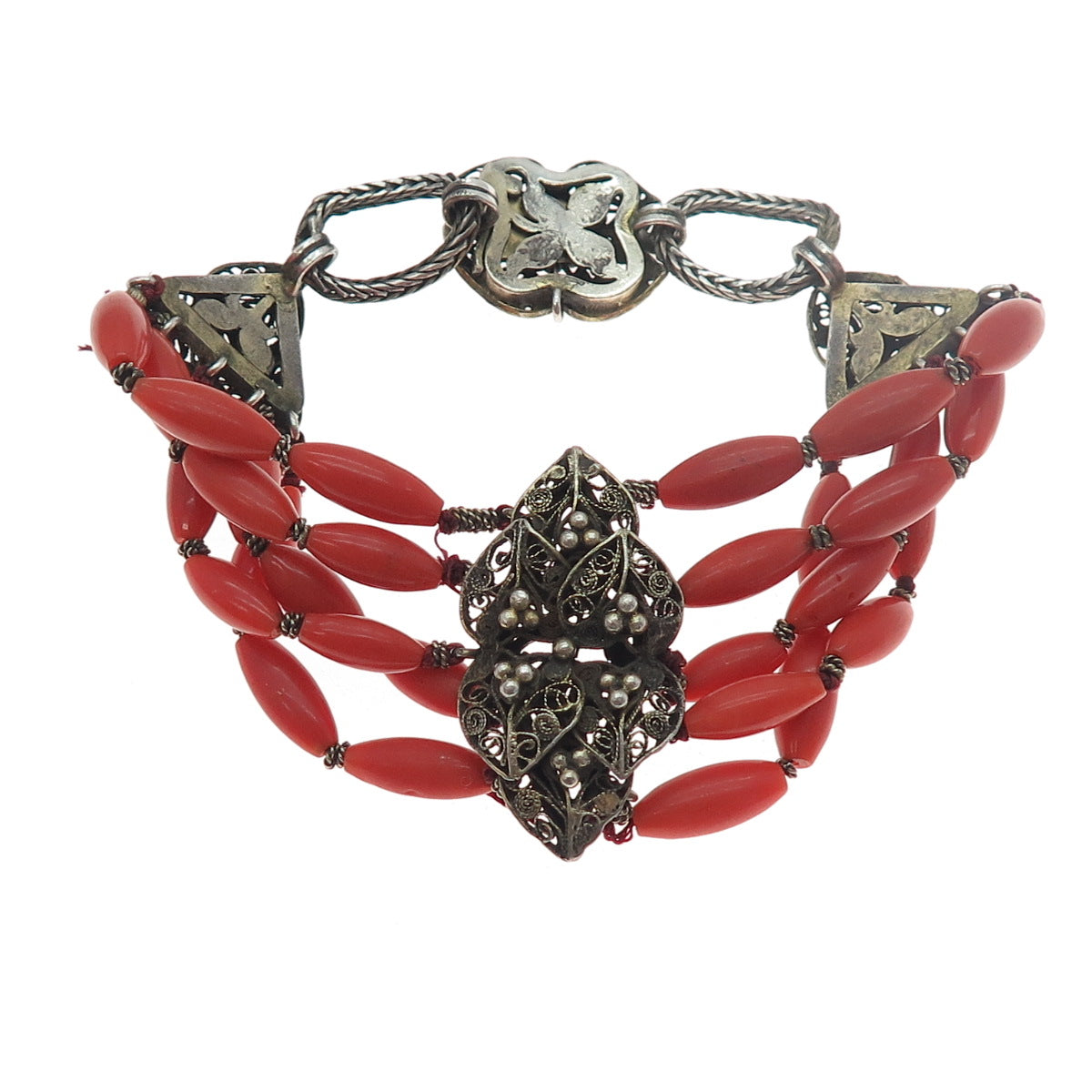 800 Silver Gold Plated Antique Victorian Real Coral Filigree Bracelet 7.25"