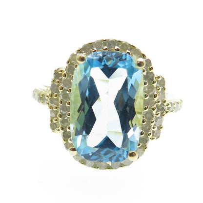 DSMK 925 Sterling Silver Gold Plated Real Diamond & Blue Topaz Ring Size 6.75
