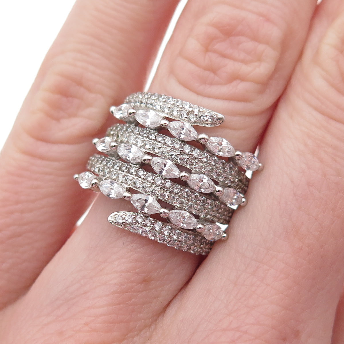 925 Sterling Silver Marquise & Round-Cut C Z Multi-Row Ring Size 6.25