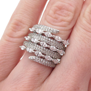 925 Sterling Silver Marquise & Round-Cut C Z Multi-Row Ring Size 6.25