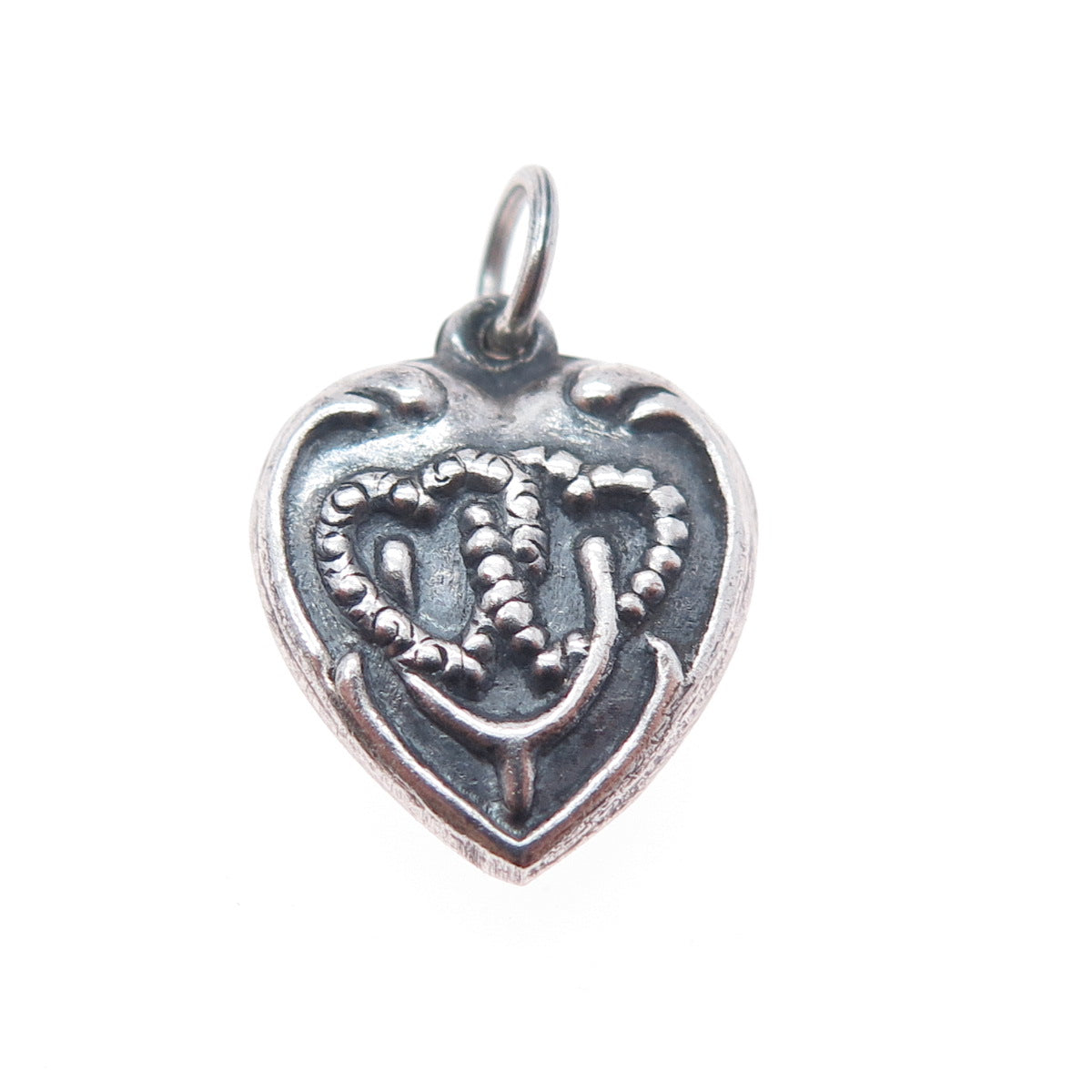 925 Sterling Antique Art Deco Wishbone Heart Chatelaine Oxidized Mini Pendant
