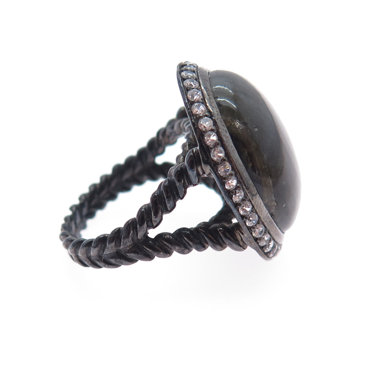 925 Sterling Silver Black Rhodium Real Labradorite & C Z Ring Size 6.25