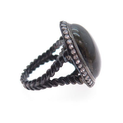 925 Sterling Silver Black Rhodium Real Labradorite & C Z Ring Size 6.25