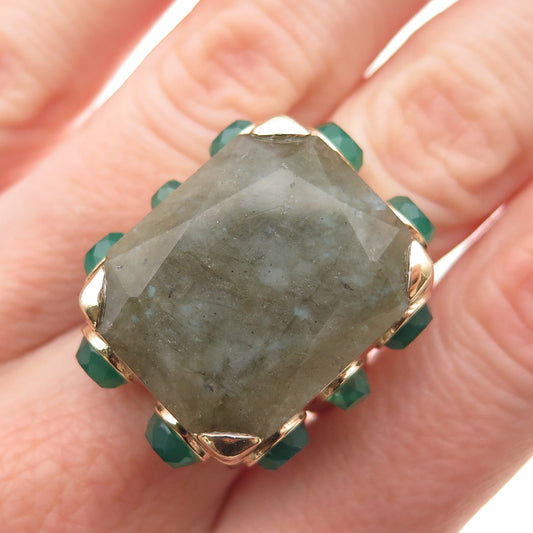 925 Sterling Silver Gold Plated Real Labradorite Green Chalcedony Ring Size 7.5