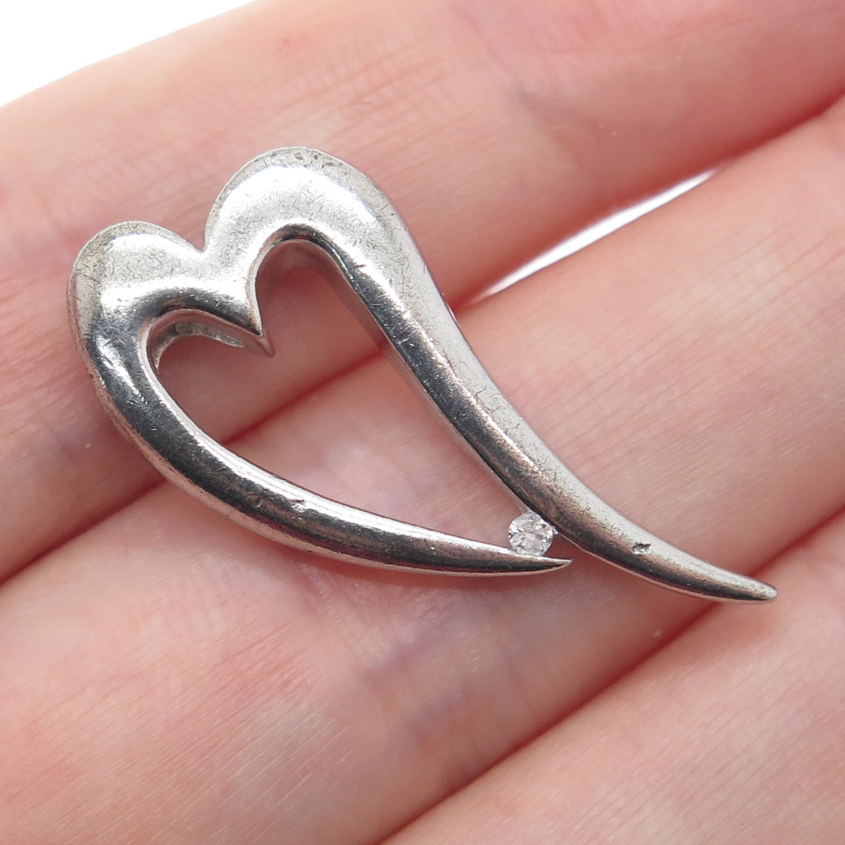 925 Sterling Silver Real Round-Cut Diamond Accent Open Heart Slide Pendant