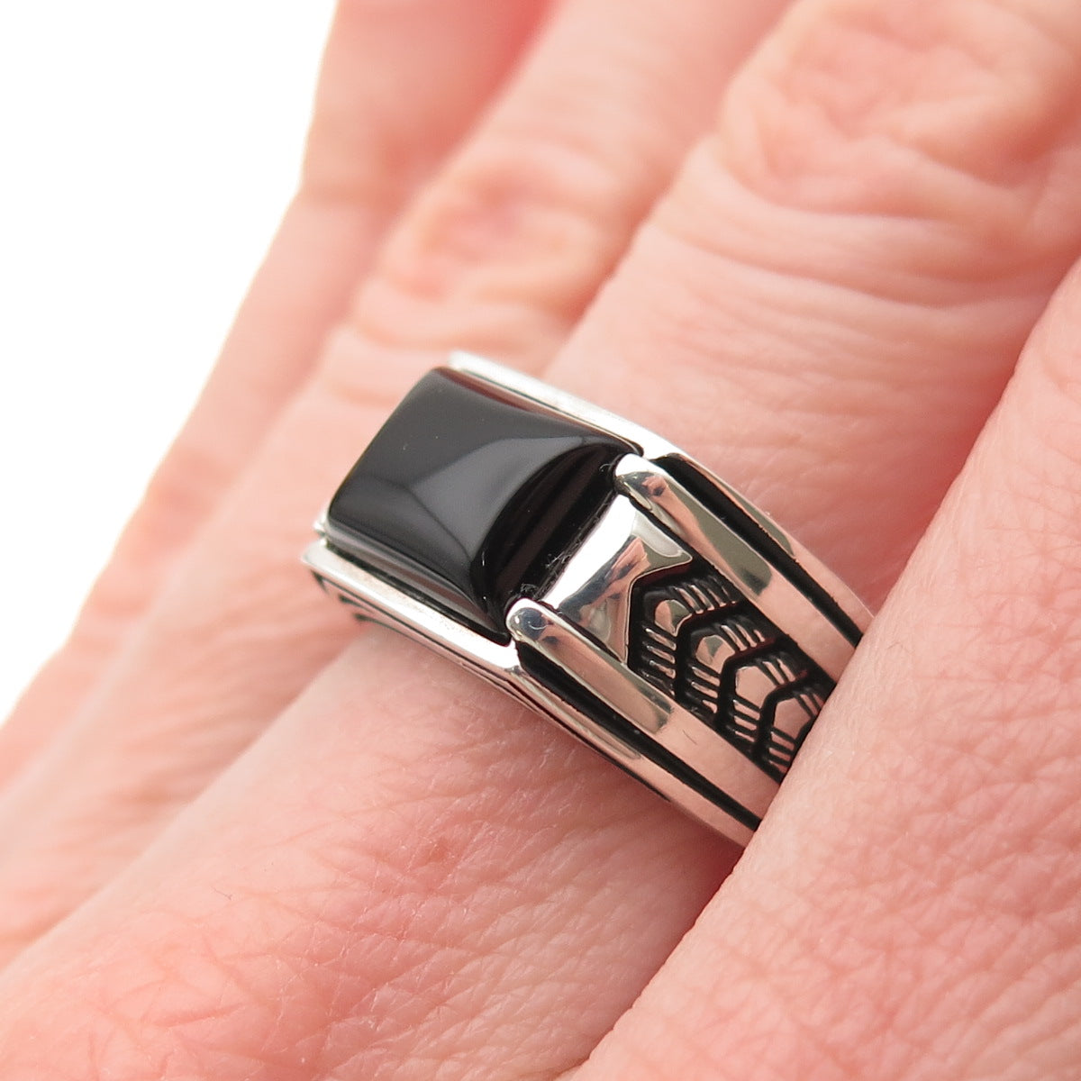 CHIMODA 925 Sterling Silver Real Black Onyx Arrow Oxidized Ring Size 7