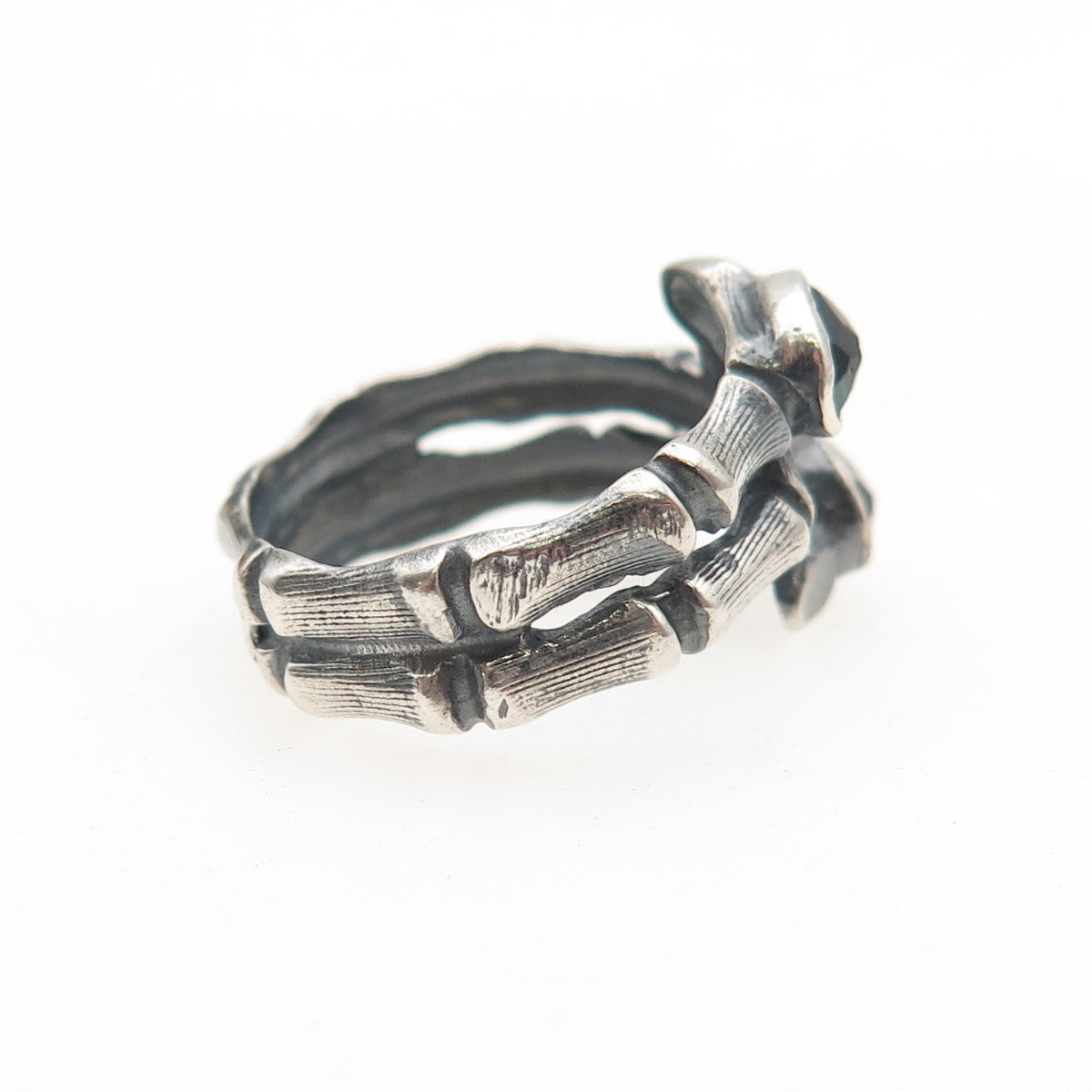 925 Sterling Silver Vintage Rhinestone Modernist Bamboo Oxidized Ring Size 5.75