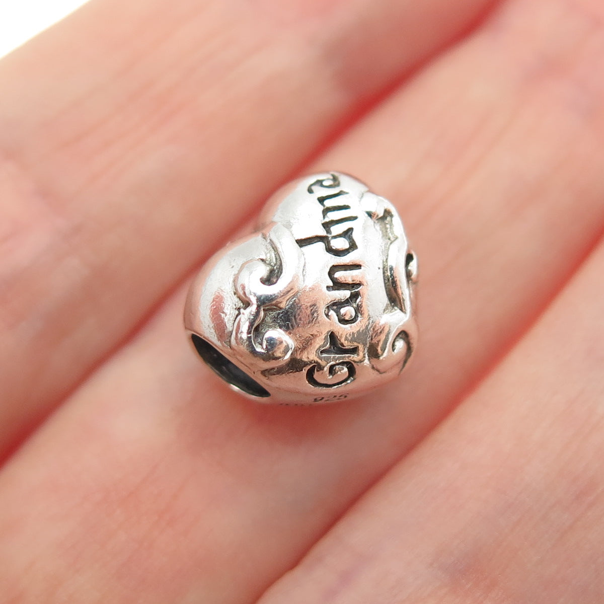 925 Sterling Silver Vintage Grandma Heart Bead Charm