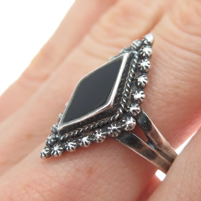 925 Sterling Silver Vintage Real Black Onyx Cannetille Oxidized Ring Size 9.5
