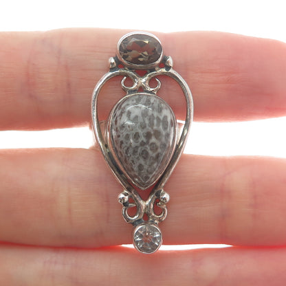 ARYA Sterling Silver Vintage Real Fossil Clear & Smoky Quartz Heart Ring Size 5