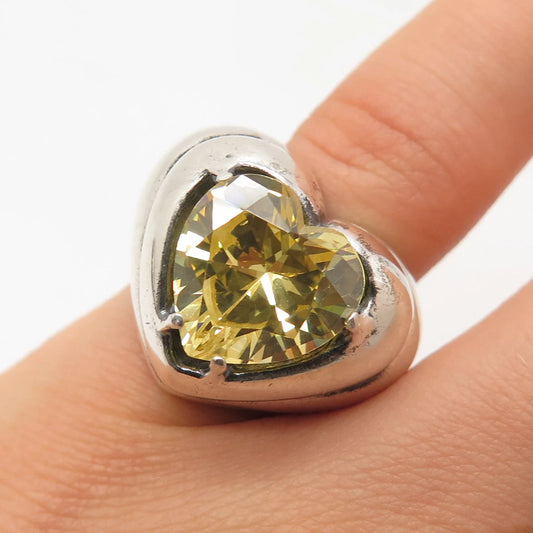 925 Sterling Silver Vintage Yellow C Z Heart Ring Size 6.25