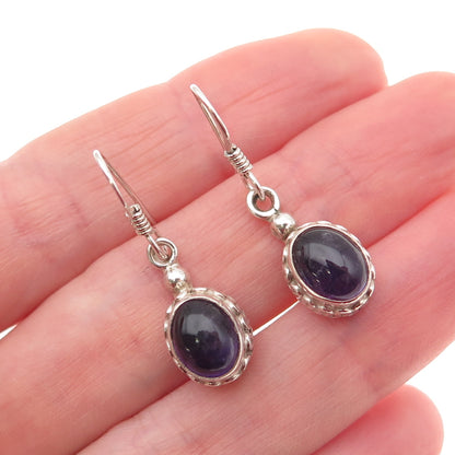 925 Sterling Silver Vintage Real Amethyst Wavy Oxidized Dangle Earrings