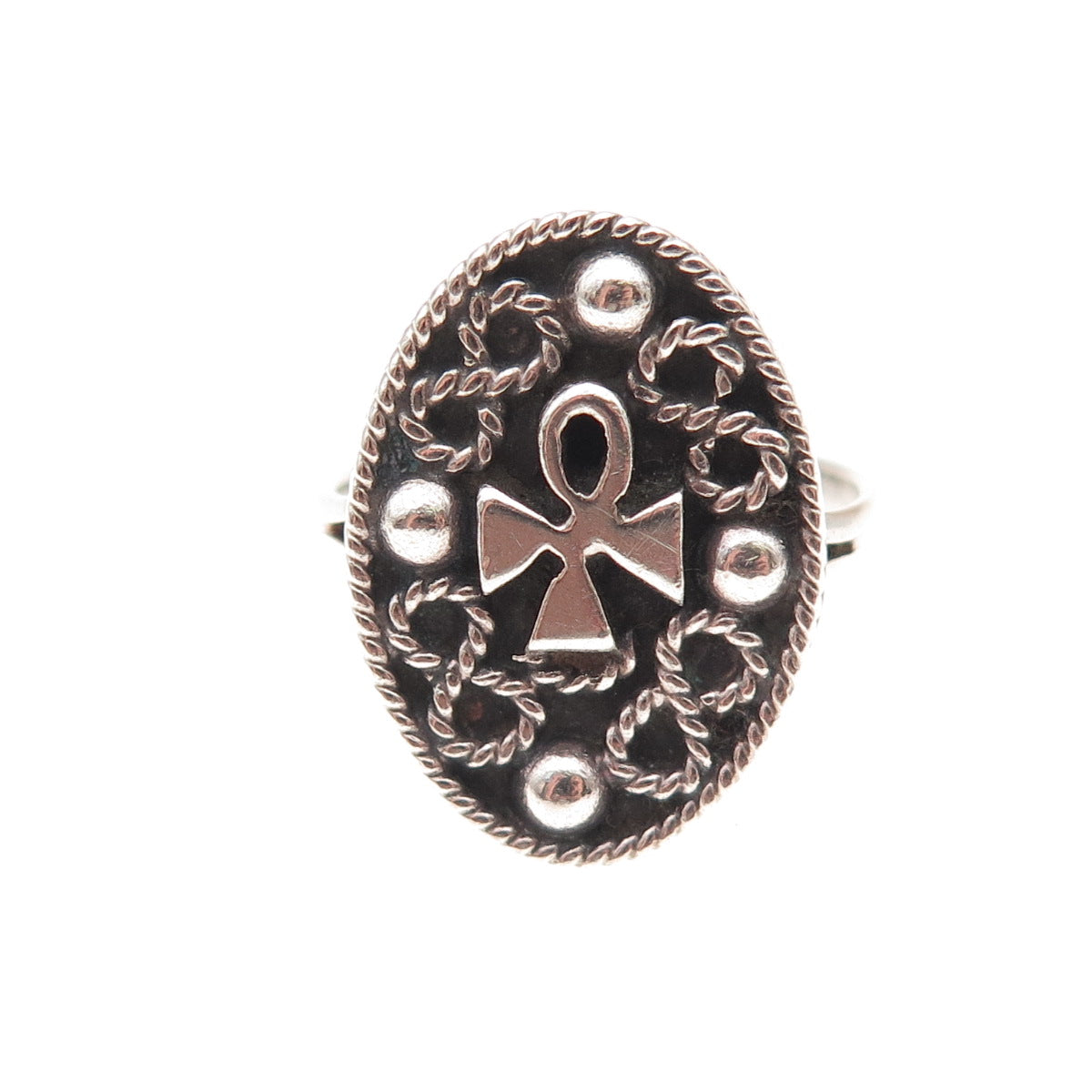 925 Sterling Silver Vintage Mexico Egyptian Ankh Oxidized Ring Size 8