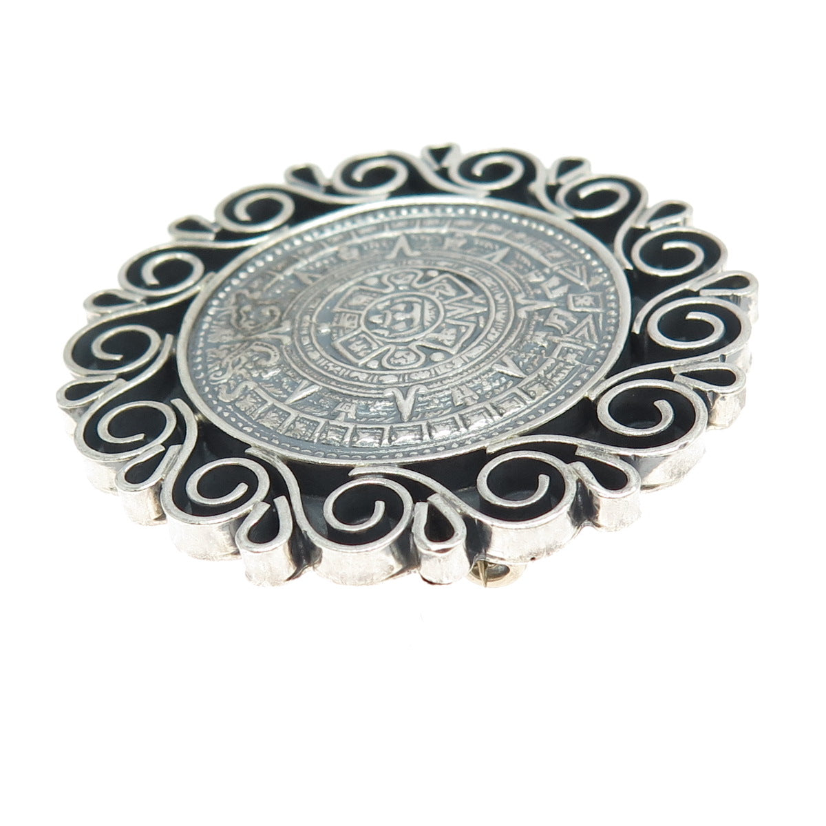 925 Sterling Silver Vintage Mexico Mayan Calendar Ornate Pin Brooch Pendant