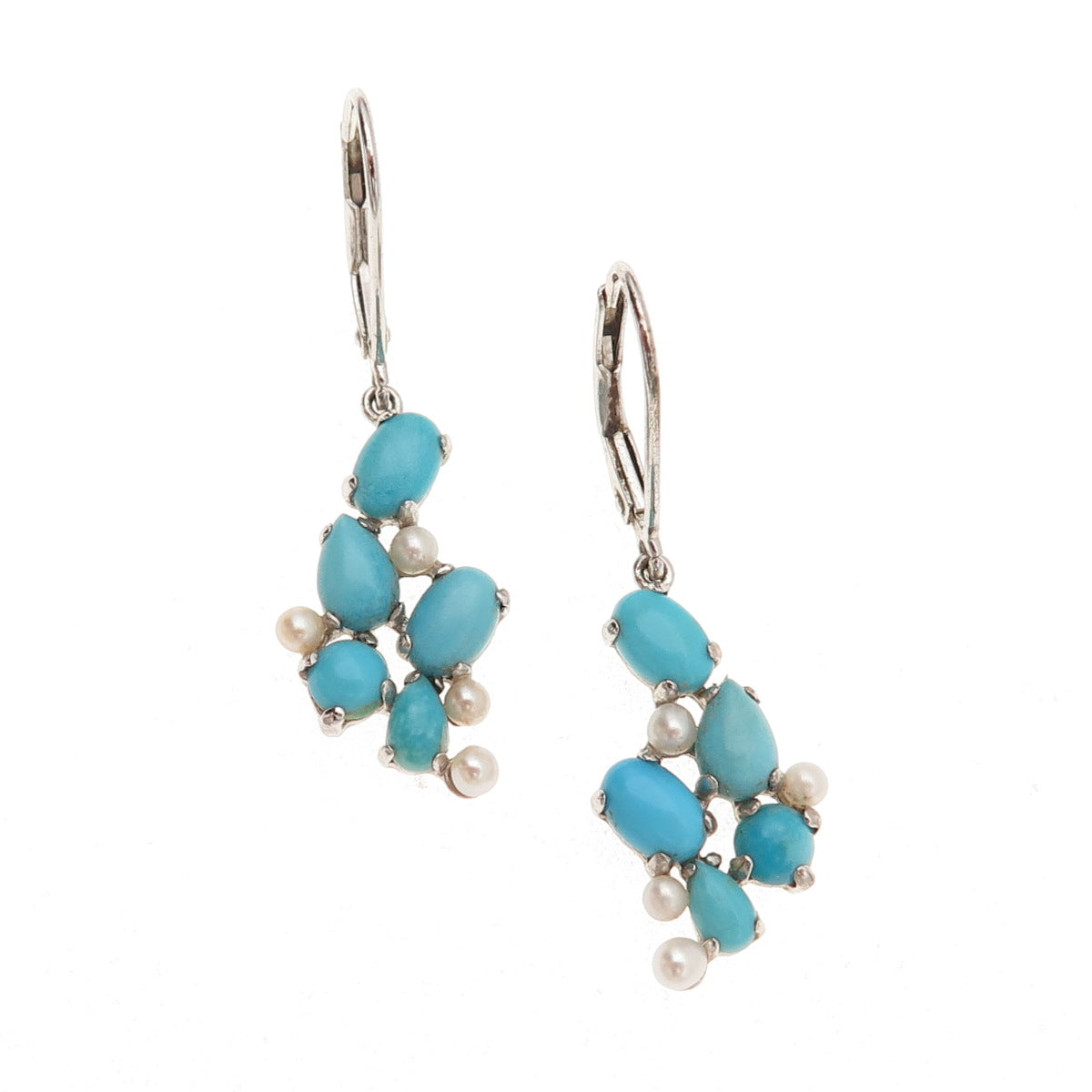 925 Sterling Silver Real Turquoise & Pearl Cluster Dangle Earrings