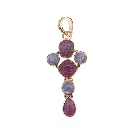 925 Sterling Silver Gold Plated Real Ruby & Tanzanite Cross Charm Pendant