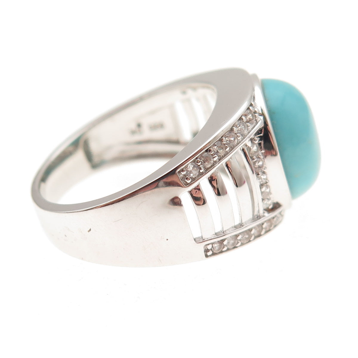 925 Sterling Silver Real Tyrone Turquoise & White Topaz Ring Size 8.25