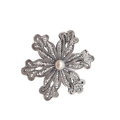 925 Sterling Silver Vintage Real Pearl Floral Filigree Oxidized Pin Brooch