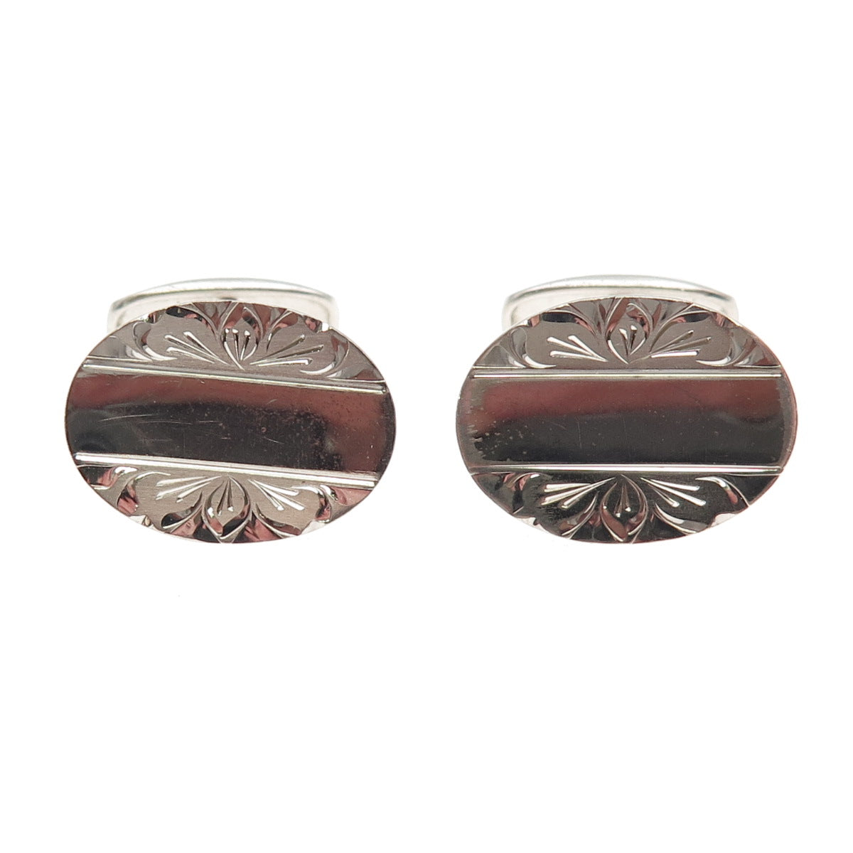 Simmons 925 Sterling Silver Antique Art Deco Engraved Floral Oval Cufflinks