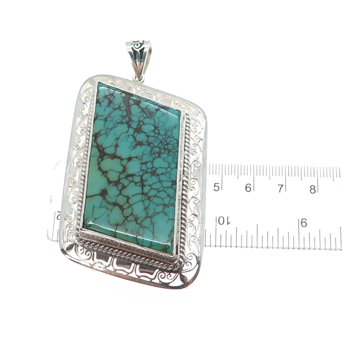 925 Sterling Silver Vintage Real Peacock Turquoise Heavy 59.0g Large Pendant