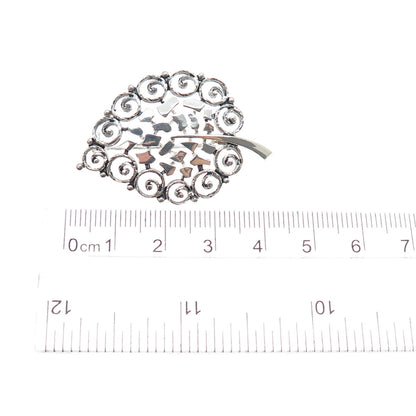 925 Sterling Silver Antique Germany Swirl Floral Leaf Oxidized Pin Brooch