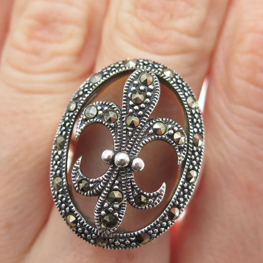 CFJ Collins Fine 925 Sterling Vintage Real Marcasite Fleur de Lis Ring Size 8.25