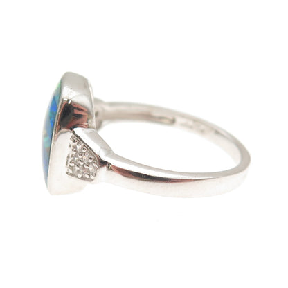 925 Sterling Silver Real Doublet Opal & C Z Mosaic Ring Size 9.25