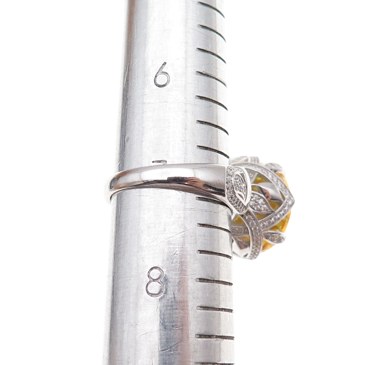 925 Sterling Silver Round-Cut Canary & White C Z Statement Ring Size 7.25