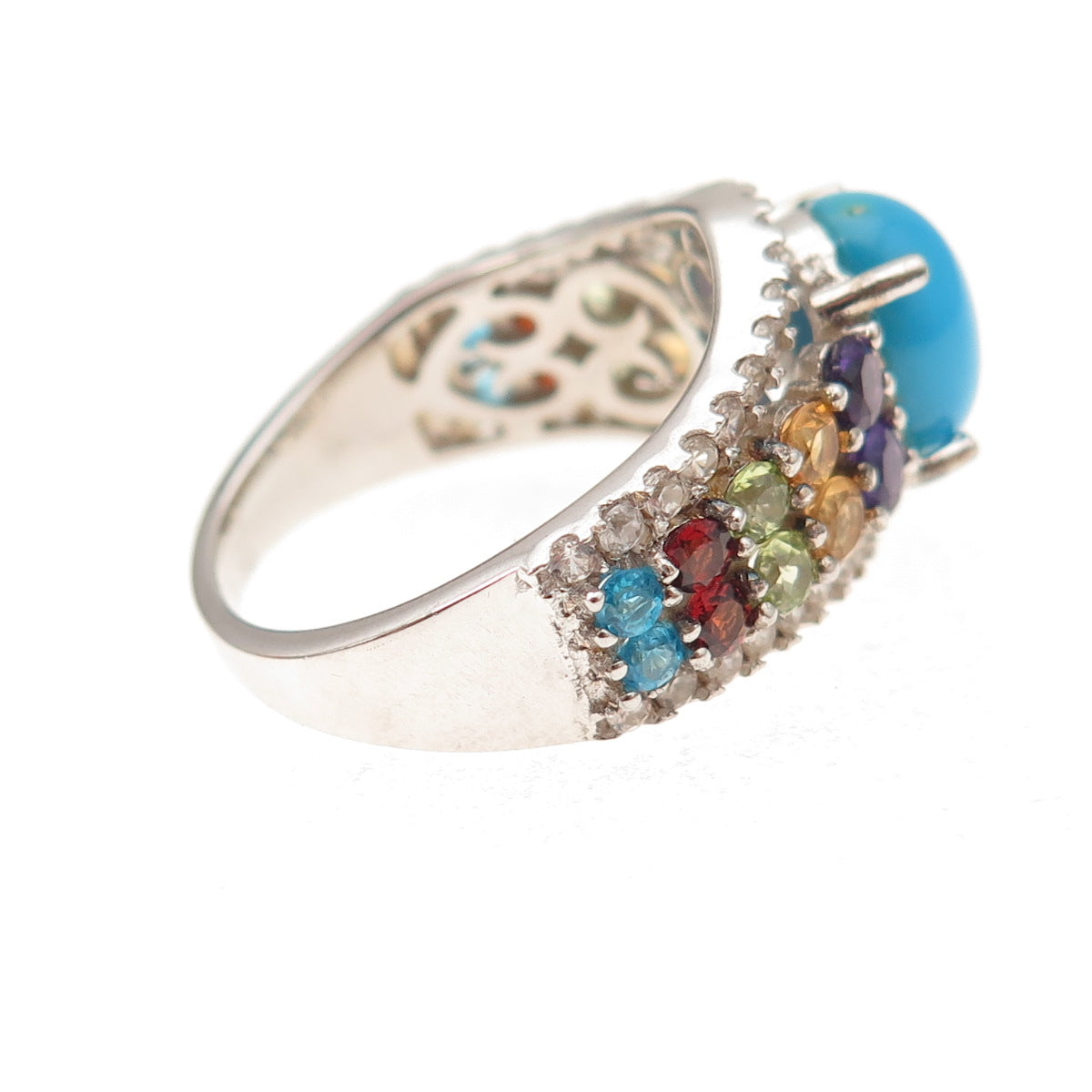 925 Sterling Silver Real Sleeping Beauty Turquoise & Multi-Gem Ring Size 8
