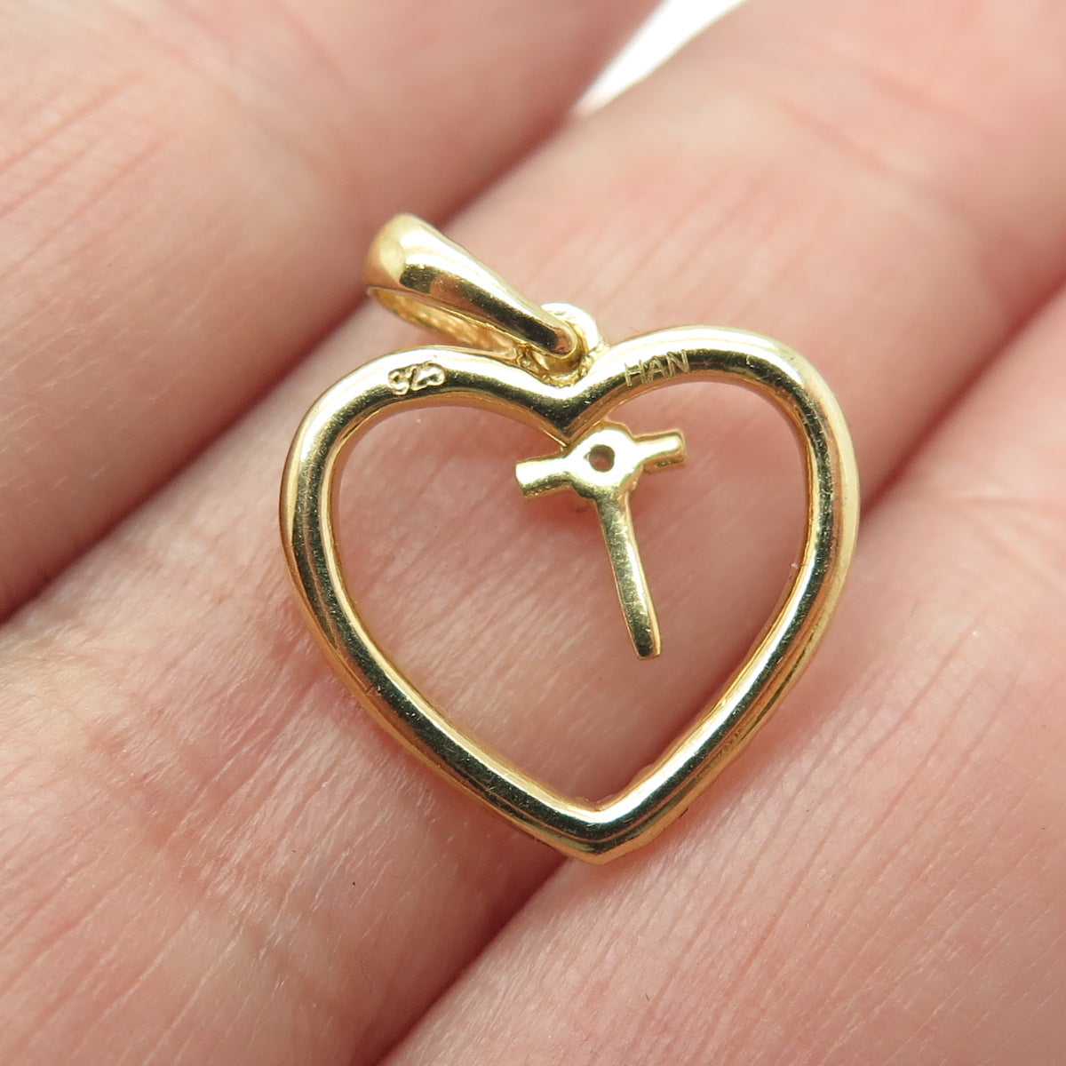 HAN 925 Sterling Silver Gold Plated Round-Cut C Z Heart Cross Minimalist Pendant