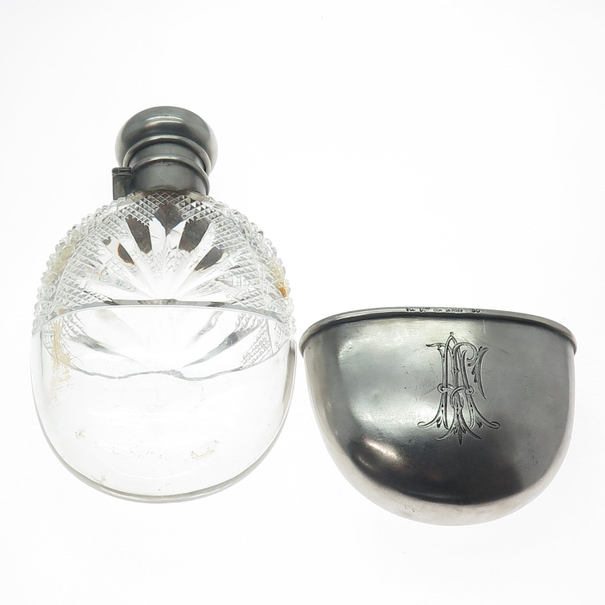 DEPOSE 84 Silver Crystal Antique Victorian Belgium Russian Empire Monogram Flask