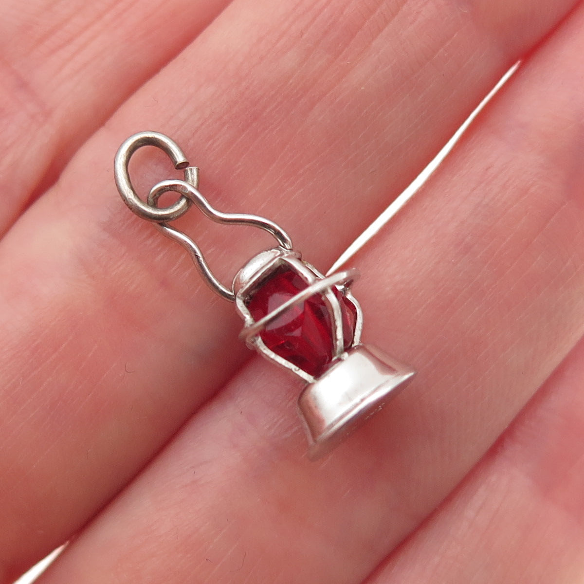 925 Sterling Silver Antique Art Deco Red Crystal Lantern 3D Mini Charm Pendant