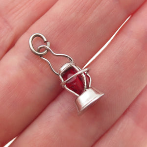 925 Sterling Silver Antique Art Deco Red Crystal Lantern 3D Mini Charm Pendant