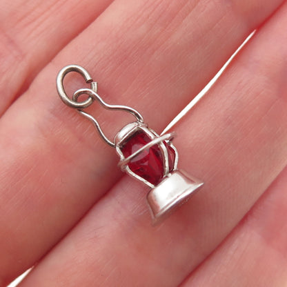 925 Sterling Silver Antique Art Deco Red Crystal Lantern 3D Mini Charm Pendant