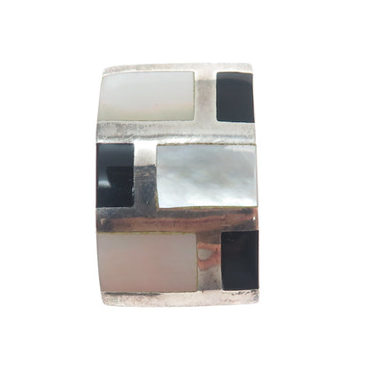 925 Sterling Silver Vintage Real MOP & Black Onyx Modernist Slide Pendant