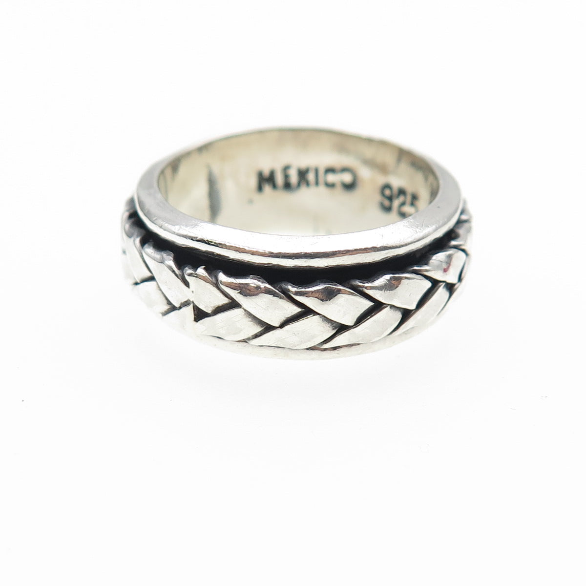 925 Sterling Silver Vintage Mexico Woven Oxidized Rotating Band Ring Size 7